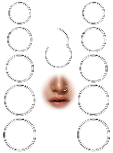 10Pcs 18G 20G Surgical Steel Nose Rings Hoops for Women Men Hinged Seamless Clicker Nose Hoops Cartilage Helix Tragus Daith Sleeper Earrings Hoop Hypoallergenic Nose Piercing 6/7/8/9/10MM - color: silver, size: 18G