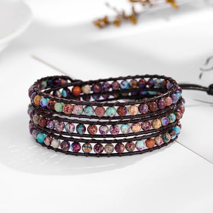 Plumiss Women Boho Handmade Natural Stone Crystal Leather Bead Wrap Bracelets Collection - style: 4mm Purple Blue Jasper