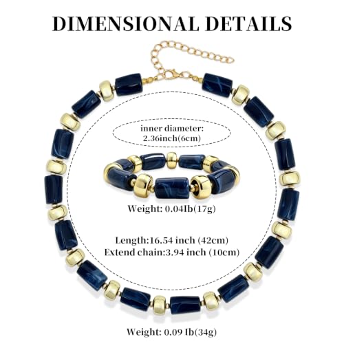 YBMYCM Colorful Resin Beaded Necklace Bracelet Set for Women, Adjustable Chunky Choker Necklace with Stretch Bracelet, Boho Statement Summer Beach Jewelry Gift for Her - color: Dark blue