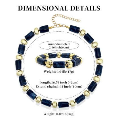 YBMYCM Colorful Resin Beaded Necklace Bracelet Set for Women, Adjustable Chunky Choker Necklace with Stretch Bracelet, Boho Statement Summer Beach Jewelry Gift for Her - color: Dark blue