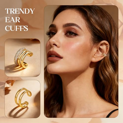 Ear Cuff Earrings for Women Non Piercing Helix Cartilage Clip on Ear Cuffs 14K Gold Plated & Sterling Silver Stainless Steel Hypoallergenic Huggie Hoop Fake Earring Set Jewelry Gift - color: A3-Stylish Cuff Set