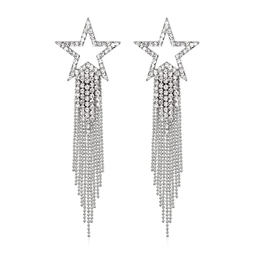 EVER FAITH Crystal Long Waterfall Star Tassel Clip-on Earrings for Women | Rhinestone Beaded Fringe Chandelier Dangle Statement Earring, Wedding Party Jewelry - color: Clear Silver-Tone