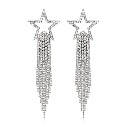 EVER FAITH Crystal Long Waterfall Star Tassel Clip-on Earrings for Women | Rhinestone Beaded Fringe Chandelier Dangle Statement Earring, Wedding Party Jewelry - color: Clear Silver-Tone