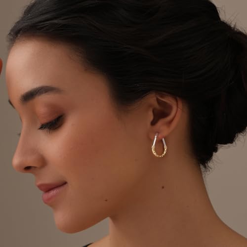 LeCalla 925 Sterling Silver Hoop Earrings for Women | Italian Design Classic Diamond-Cut Textured Hoops Earring | Women's Oval Drop Shape Silver Earring Jewelry - color: Medium Two-Tone Diamond-Cut