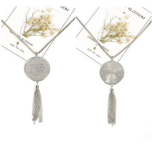 SEVENSTONE 3PCS Long Pendant Necklaces for Women Knot Disk Circle Tassel Statement Sweater Necklace Set - color: Silver