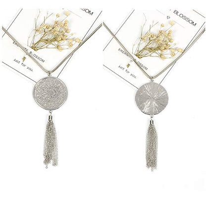 SEVENSTONE 3PCS Long Pendant Necklaces for Women Knot Disk Circle Tassel Statement Sweater Necklace Set - color: Silver