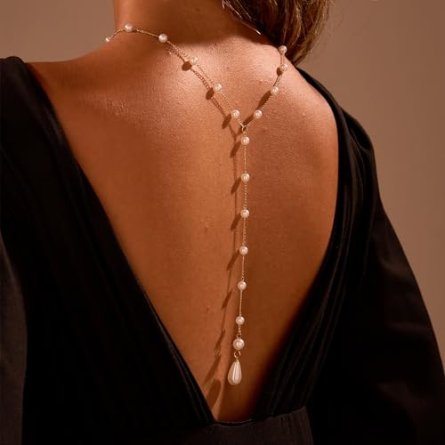 Gold Pearl Back Drop Necklace for Women Long Lariat Y Back Chain with Teardrop Pendant Bridal Wedding Backdrop Body Jewelry for Backless Dress