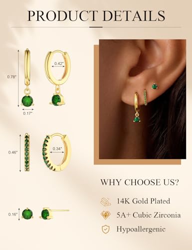 Freekiss 3 Pairs Hoop Earrings Set - Dainty Stud Dangle Cartilage for Women | Hypoallergenic Earrings, Cubic Zirconia Stackable Trendy Small Set Jewelry Gifts for Women - style: Emerald Style-GD