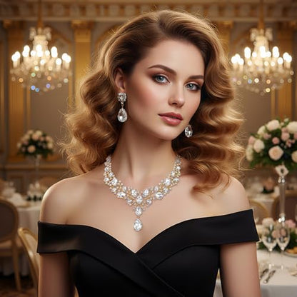 Hicarer Bridal Teardrop Cluster Crystal Jewelry Set for Women Necklace Earrings Wedding - color: White Gold