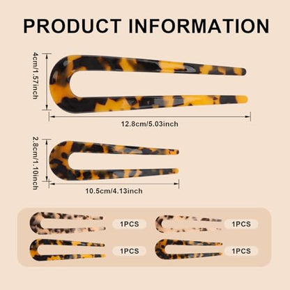4 PCS French Tortoise Shell Hair Pins for Women | 4.1 & 5 Inch 2 Sizes Lightweight U Shaped Hair Forks for Thick Fine Hair, Acetic Hairpin for Updos, Buns & Twist Hairstyles