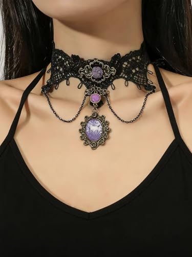 Lace Choker Necklace for Women Tassel Pendant Choker Necklaces Elegant Boho Collar Necklaces Statement Artistic Chain Necklace with Pearl Halloween Party Cosplay Costume Jewelry - color: Black Lace Flower