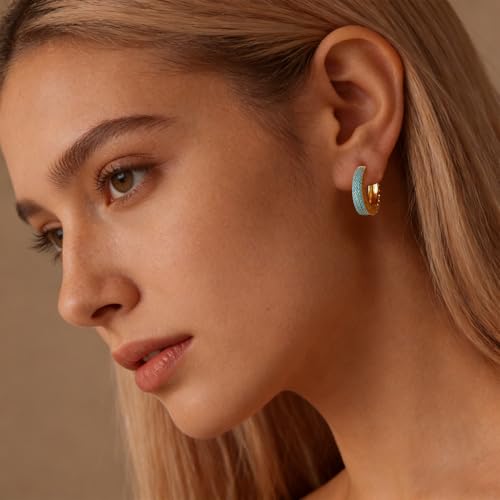 Turquoise Hoop Earrings for Women/Men 18K Real Gold Plated Cubic Zirconia Hoop Earrings Hypoallergenic Cartilage Ear Jewelry - color: Big Hoop
