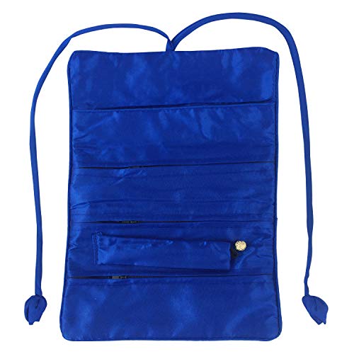Travel Jewelry Roll Bag - Embroidered Brocade Pouch for Rings, Necklaces, Earrings, Bracelets | Lightweight & Tie Closure (Royal Blue) - color: Royal Blue
