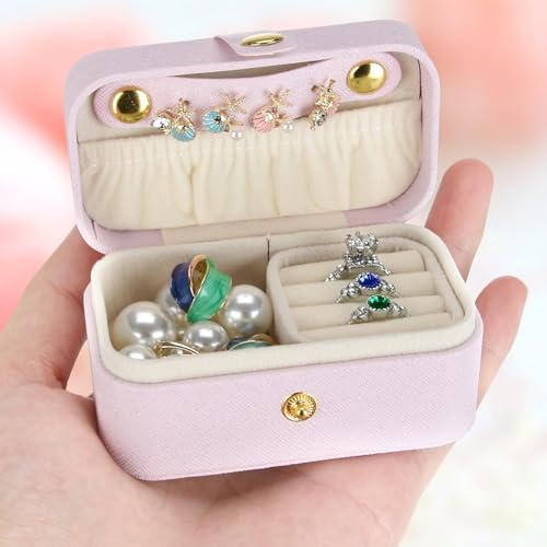 KUKUVR Mine Travel Jewelry Case, Ring Organizer Box for Women (PINK) | PU Surface & Velvet Lining, for Multiple Rings Necklace Earrings Lipstick, Small Jewelry Holder Boxs, Removable Ring Slot - color: PINK