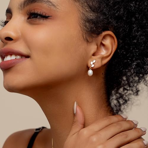 Pearl Earrings for Women:Gold Wedding Dangle Drop Earring Pearl Jewelry | 14K Gold Plated Pearl Drop Earrings for Women,Dainty Wedding Bride Earring Studs,Gold Dangle Drop Earring,Waterproof Jewelry - size: 1 pcs-3