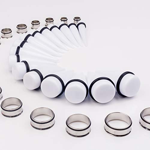 32 PCS 00G - 24mm Ear Taper Kit Gauge Stretching Kit | Hypoallergenic surgical Stainless steel Tapers Tunnels Plugs, body piercing jewelry for women and men - color: White
