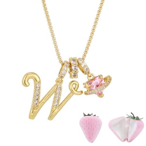Initial Letter Necklace with Pink Heart Charm, Sparkling Zircon Alphabet Pendant in Gold or Silver Tone, Sweet Style Jewelry with Gift Box, Letter Chain for Daily Wear and Gift - color: Gold+Pink Box, size: #W