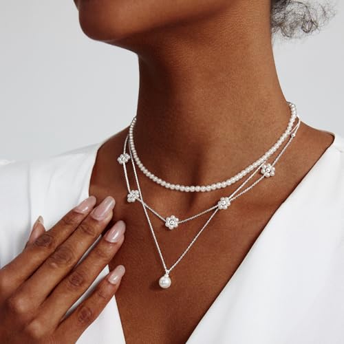 Zeffy Gold Pearl Necklace for Women, Dainty 14K Gold/Silve Plated Layered Pearl Choker Pearl Earrings Pearl Bracelets Wedding Trendy Gold Jewelry Set for Women Gifts - style: Silver Daisy Pearl Necklace-3PCS