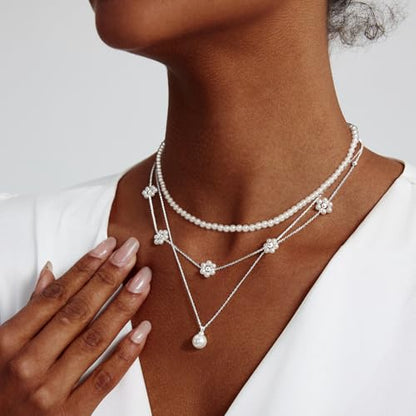Zeffy Gold Pearl Necklace for Women, Dainty 14K Gold/Silve Plated Layered Pearl Choker Pearl Earrings Pearl Bracelets Wedding Trendy Gold Jewelry Set for Women Gifts - style: Silver Daisy Pearl Necklace-3PCS
