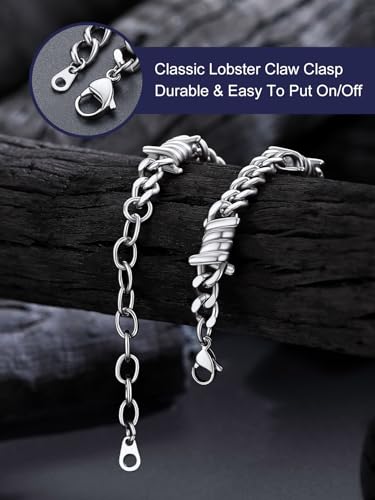 Bandmax Barbed Wire Chain Bracelets for Men Women Stainless Steel/Black/Gold Thorn Cuban Link Bracelet Adjustable Punk Emo Style Jewelry Gift - color: 07 7MM-Silver Tone