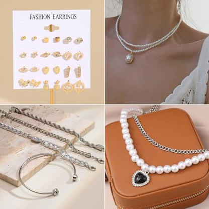73 Pcs Gold Jewelry Set with 6Pcs Layered Necklace, 11 Pcs anklet and 7Pcs Earring Ear Cuff,12Hoop Earrings ,15pcs Rings,21pcs stud earrings Jewerly set for Women Pack for Friendship Party Gift - style: AAA-GD+SL