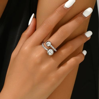 Adjustable Rings for Women 18K Gold Plated daisy Flower Butterfly Ball Cubic Zirconia Rings Dainty Open Stacking Ring - color: Double Ball-White Gold