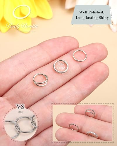 BodyBonita 3pcs Nose Rings Hoops - Double Hoop Nose Ring 14/16/18/20G Hinged CZ Piercing Jewelry Septum Clicker Rings Cartilage Earring Helix Rook Tragus Daith 7mm/8mm/9mm/10mm - color: Silver, size: 20 gauge-7mm
