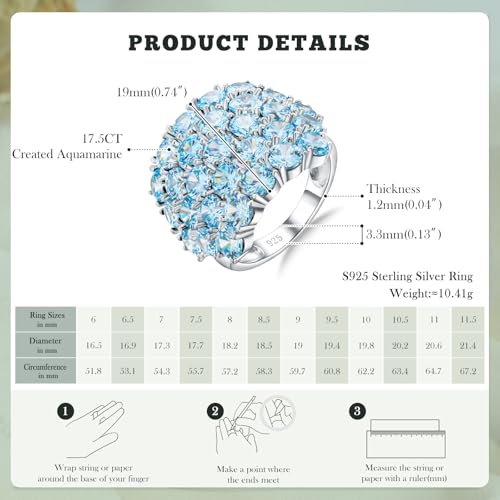 925 Sterling Silver Pave Birthstone Chunky Statement Rings for Women Men | 14K Gold Plated/Silver Large Dome Ring Birthday Cocktail Jewelry,Size 6 to 10(with Gift Box) - color: 03-Created Aquamarine-Mar.