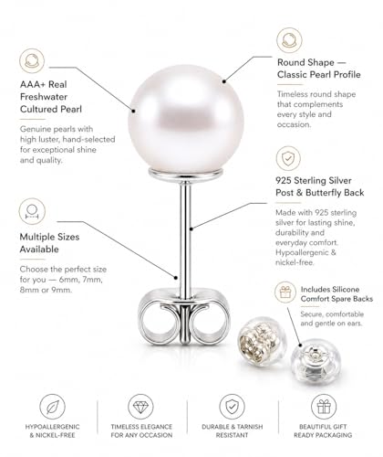 AAA+ Real Freshwater Pearl Stud Earrings, Sterling Silver Hypoallergenic | Hand-Matched White Round Pearls, 925 Silver Posts & Backs, Smooth High-Luster Surface, Soule Pearl Gift Box - color: Rhodium Plated, size: 6.0-6.5mm
