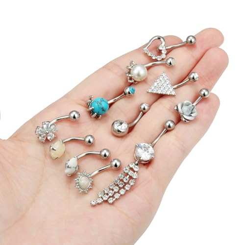 Vsnnsns 14G Dangle Belly Button Ring Piercing Jewelry 316L Stainless Surgical Steel Navel Rings Cubic Zirconia Heart Flower CZ Dangling Belly Button Ring Piercing Jewelry for Women 14 Gauge - color: Silver Tone