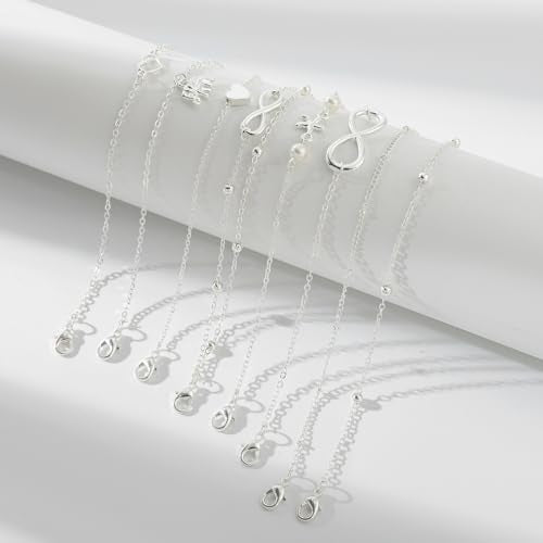 Starain 12Pcs Summer Beach Anklets for Women Waterproof Gold Silver Chain Ankle Bracelets Cute Women's Foot Anklet Set 7.9-10.5 inch Adjustable - color: 16Pcs Silver Ankle Bracelet