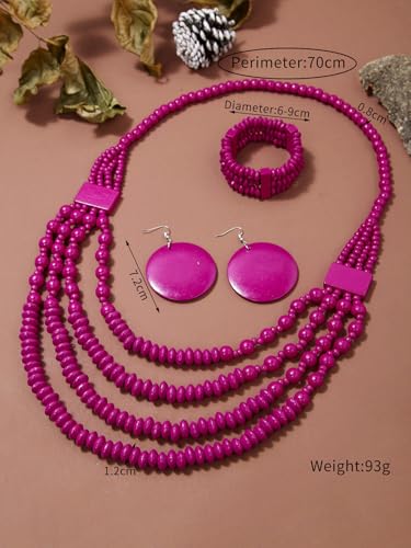 Colorful Ethnic Wooden Earrings Round Statement Dangle Earrings Multilayered Geometric Beaded Bracelet Necklace Set for Women Exaggerated Tribal Jewelry - color: Rose Red