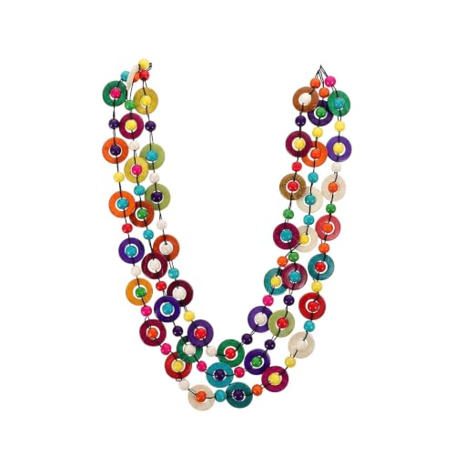 Wooden Necklaces for Women, Handmade Colorful Bohemian Ethnic Coconut Shell Wood Chunky Long Three Layered Beaded Multicolor Statement Jewelry Accessory for Beach Vacation & Festival Outfit
