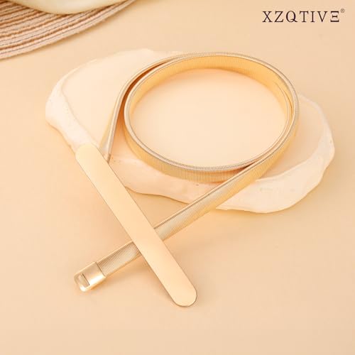 XZQTIVE 2 Pieces Women Skinny Metal Chain Waist Belt Stretchy Saree Cinch Belt for Dress Gold Sliver - color: 01 Smooth-gold, size: Fit waist 30-33 in