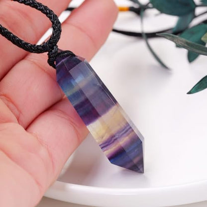 Runyangshi Rainbow Fluorite Healing Crystal Pendants, Double Pointed Natural Crystal Quartz Necklace 6 Faceted Chakra Crystal Wand Stone - color: Rainbow Fluorite