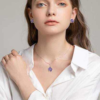 EleQueen Rose Flower Necklace Earrings Bracelet Set for Women - color: Light Purple-Rose Gold-Tone