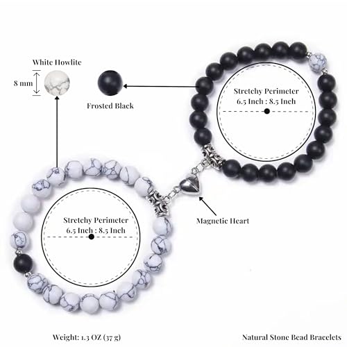 Set Of 2 Couples Bracelet Magnetic Healing Natural Bead Stone Stretch Bracelet Unisex Anniversary, Friendship, Valentine, Christmas Gift - color: Black+Howlite, style: With Luxury Giftbox