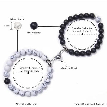 Set Of 2 Couples Bracelet Magnetic Healing Natural Bead Stone Stretch Bracelet Unisex Anniversary, Friendship, Valentine, Christmas Gift - color: Black+Howlite, style: Without Giftbox