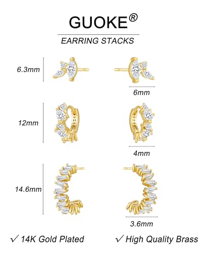 3 Pairs Earring Stacks, Gold Earring Set Jewelry Gift for Women | Small, 14K Gold/White Gold/Black/Rose Gold Plated, Hypoallergenic, Her, Everday, Stackable, Simple, 3 Holes - color: Gold-Geometric