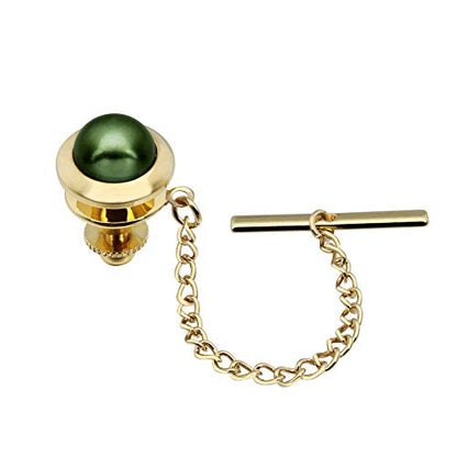 AMITER Crystal/Pearl Tie Tack with Chain, Gold Mens Tie Pin Necktie Pins Lapel Pin for Wedding Birthday Anniversary Party - color: 24k Gold+Green Imitation Pearl