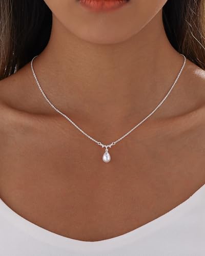 Pearl Necklaces for Women Trendy 14k Gold Plated Cubic Zirconia Pearl Pendant Necklace Valentines Day Wedding Birthday Mother's Day Gifts Dainty Gold Necklace for Women - color: Style 1 - Silver Necklace