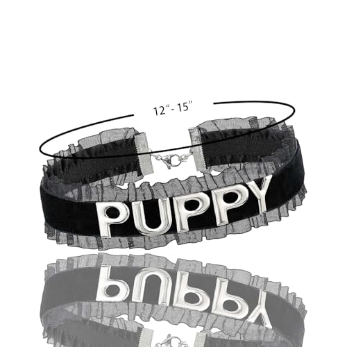 Women's Black Velvet Lace Letter Choker Collar for Halloween, 15-inch | Made of Velvet Lace Ribbon and Silver Letter Charms, Lobster-claw Closure, Daily Gothic Style, Avoid Water & Perfume - color: PUPPY