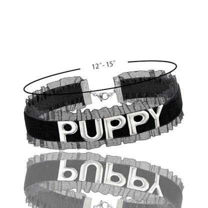 Women's Black Velvet Lace Letter Choker Collar for Halloween, 15-inch | Made of Velvet Lace Ribbon and Silver Letter Charms, Lobster-claw Closure, Daily Gothic Style, Avoid Water & Perfume - color: PUPPY