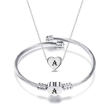 MYNENEY Necklace and Bracelet for Women Stainless Steel Initial Jewelry Set - color: Silver-A