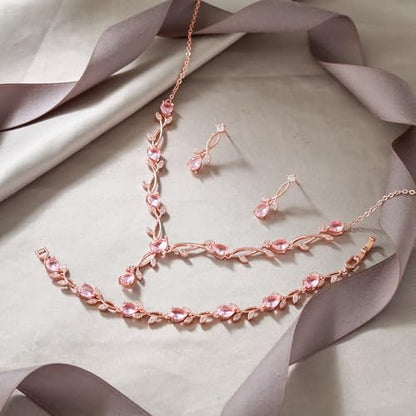 EVER FAITH Cubic Zirconia Pearl Leaf Bridal Jewelry Set for Bride Women | White Wedding Prom Necklace Dangle Earrings Bracelet, for Bridesmaid - color: CZ_Pink Rose Gold-Plated-Brass