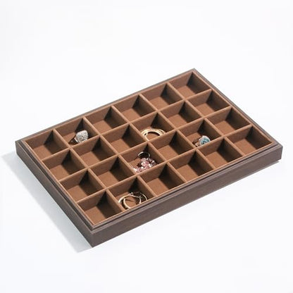 Wood Jewelry Organizer Tray, Earrings Holder (Brown, 2Pc, 24 Grids) | Stackable Earrings Organizer, Earrings Display Tray, 24 Grids Ring Holder, Space-Saving Storage - size: 24Grids+24Grids