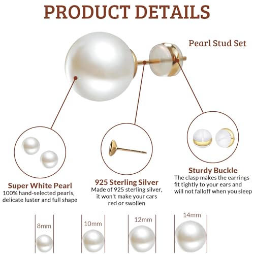 4 Pairs Pearl Stud Earrings - Hypoallergenic 14K Gold Plated 8mm-14mm Set Earrings for women Pearl Earrings Set for Sensitive Ears Classic Jewelry Gift for Birthday