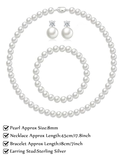 Pearl Necklaces for Women,8mm Pearl Necklace and Earring Bracelet Jewelry Set for Women Men Wedding Birthday Valentine Christmas Day Gifts - color: White
