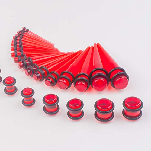 50 Pcs Ear Gauges Stretching Kit 14G-00G | Acrylic Tapers and Plugs Silicone Tunnels, Gauge Expanders Stretching Kit, Piercing Earring Jewelry for Men and Women - color: Red