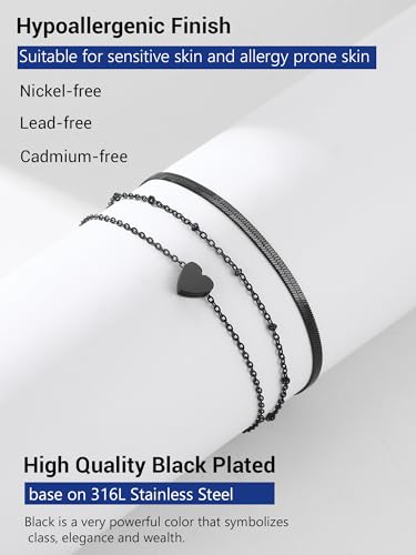 PROSTEEL Trendy Handcuffs Design/Customize Words Ankle Bracelet For Women, 316L Stainless Steel Anklets Silver/Gold/Black Tone, Hypoallergenic, Come with Box - style: 06.2 Layered-Herringbone&Heart-Black